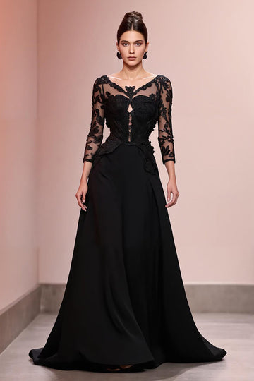 Black A Line Appliqued Long Formal Dress with Sleeves